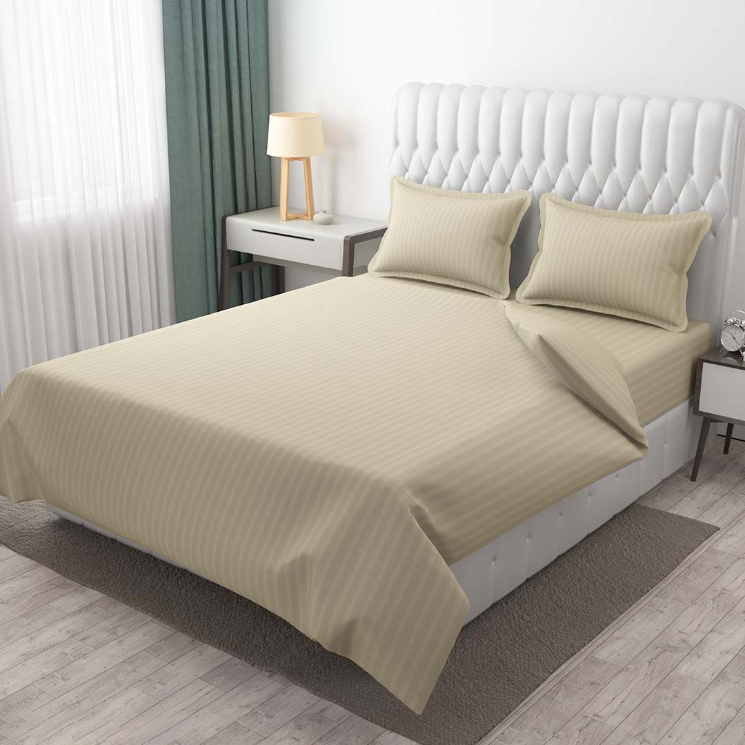 Grey Silver 300Tc Glace Cotton Plain Stripe Queen Size Double Bedsheet With 2 Pillow Cover For Home Hotel Guest Room 90 X 100 Inch Image 4