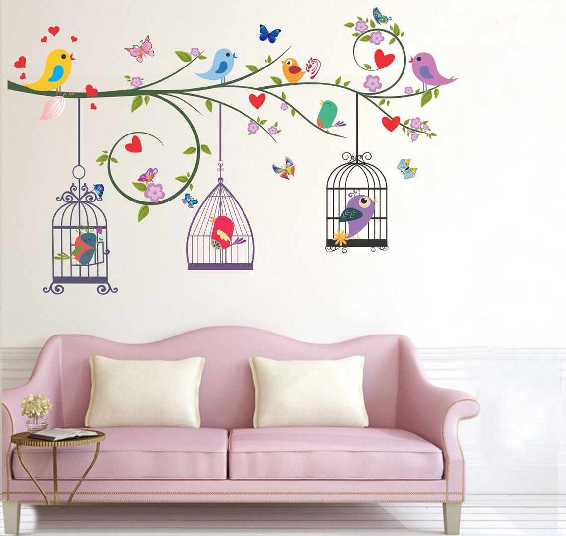 Bird And Cage Wall Sticker Archil Graphics Tree With Birds And Cages Wall Sticker For Living Room Dorsize 122X77Cm Image 1