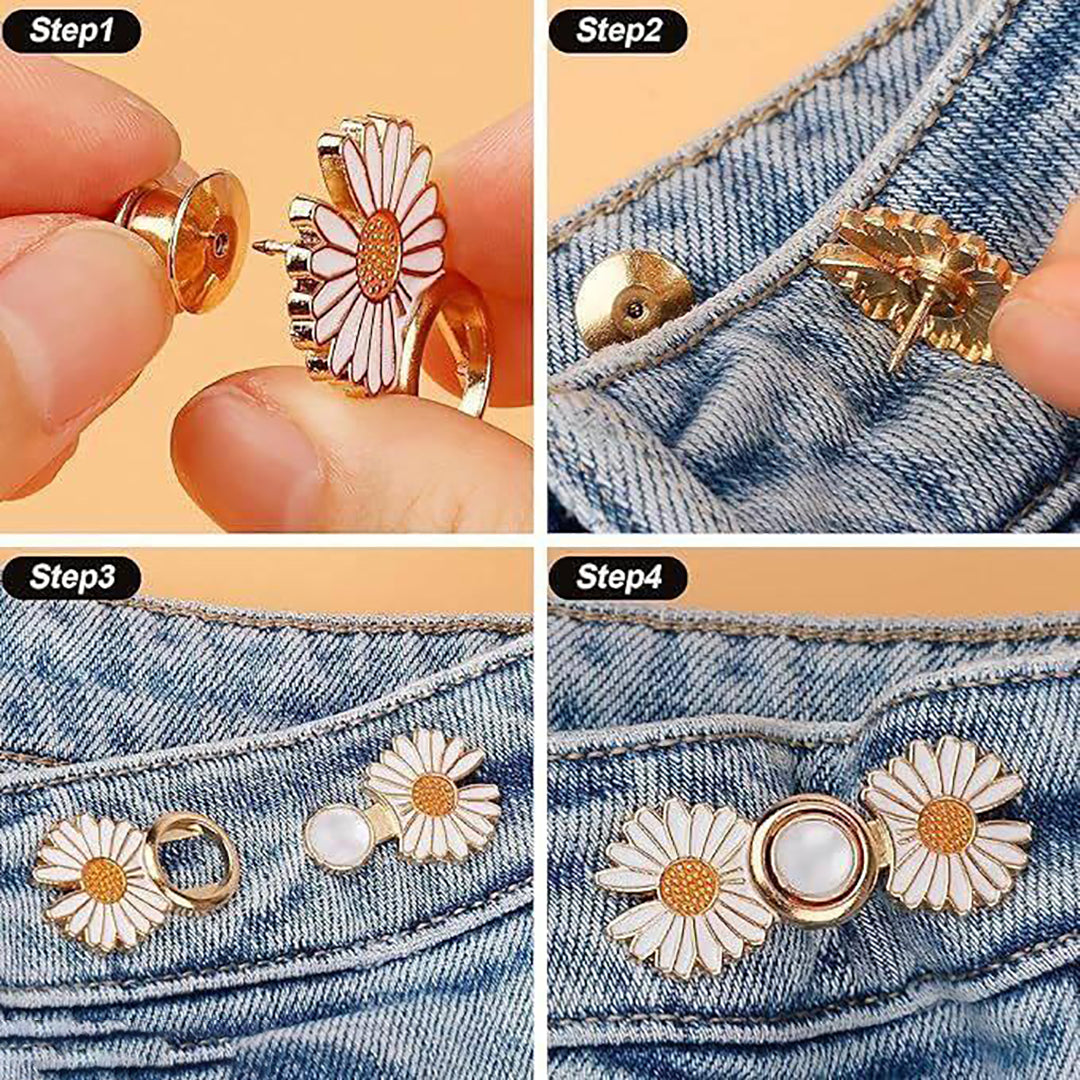 2 Sets Pant Waist Tightener Detachable Jean Buttons For Loose Jeans No Sew And No Tools Button Pins For Jeans Adjustable Jean Buttons Pins Daisy Flower Instant Pants Button Tightener Image 2