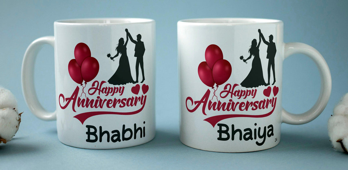 Marriage Anniversary Gifts Set For Bhaiya Bhabhi Happy Anniversary Gift Printed Ceramic Coffee Mug Anniversary Gift Pack Set Of 2 330 ml Wedding Anniversary Gifts For Brother Bhaiya Bhabhi Image 1