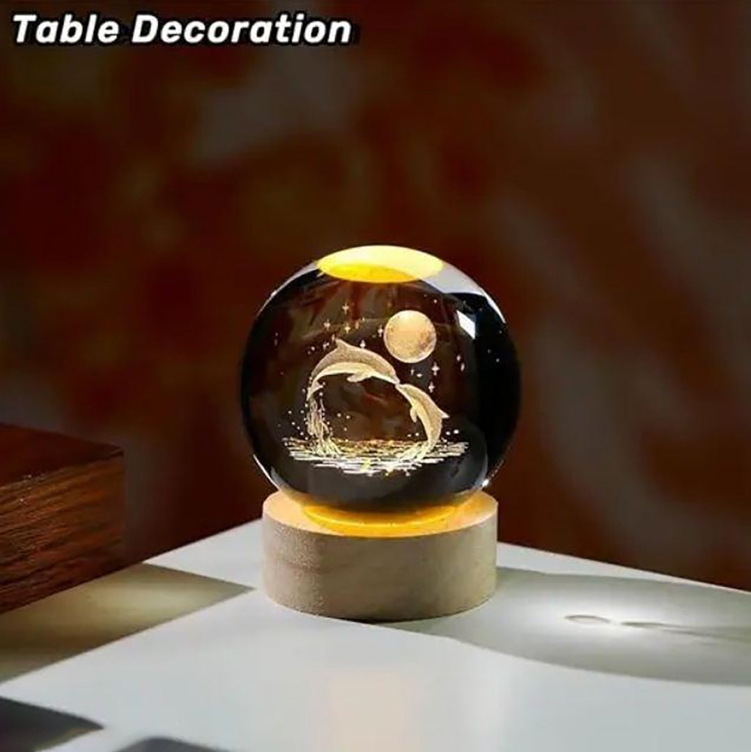 3D Crystal Ball With Led Wooden Base Crystal Dolphin Figurine Paperweight Ornaments 3D Laser Engraved Decorative Glass Ball Birthday Gifts For Girls Or Boys Dolphin Image 2