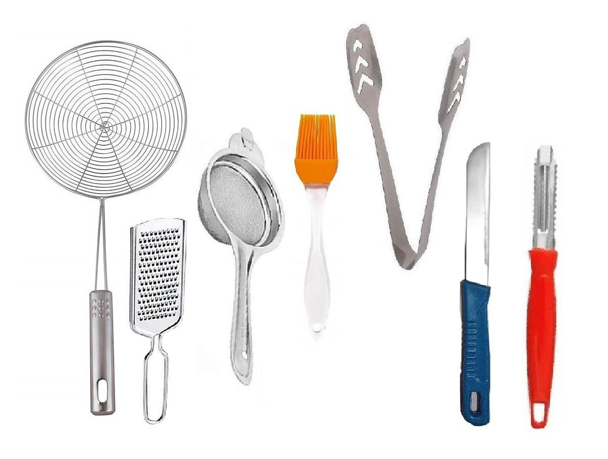 Stainless Steel Deep Fry With Cheese Grater And Steel Tea And Silicon Basting Oil Brush And Momo Tong And Knife Chalu And Peeler Pack Of 7 Image 1