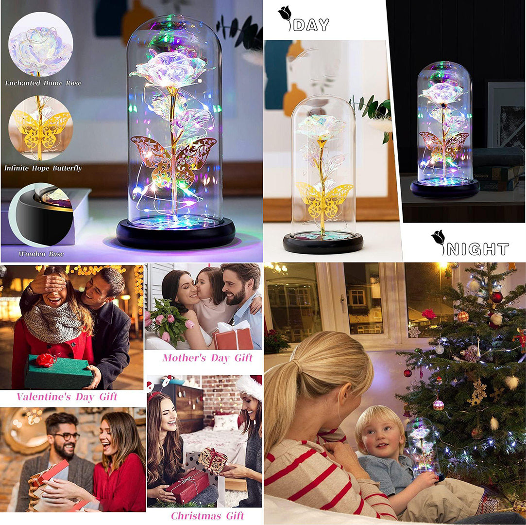 Plastic Preserved Flowers Rose Gift Artificial Flower Light Up Rose Rose In Glass Dome Personalized Gifts For Mom Sisters Friend Women Beans Rose Image 4