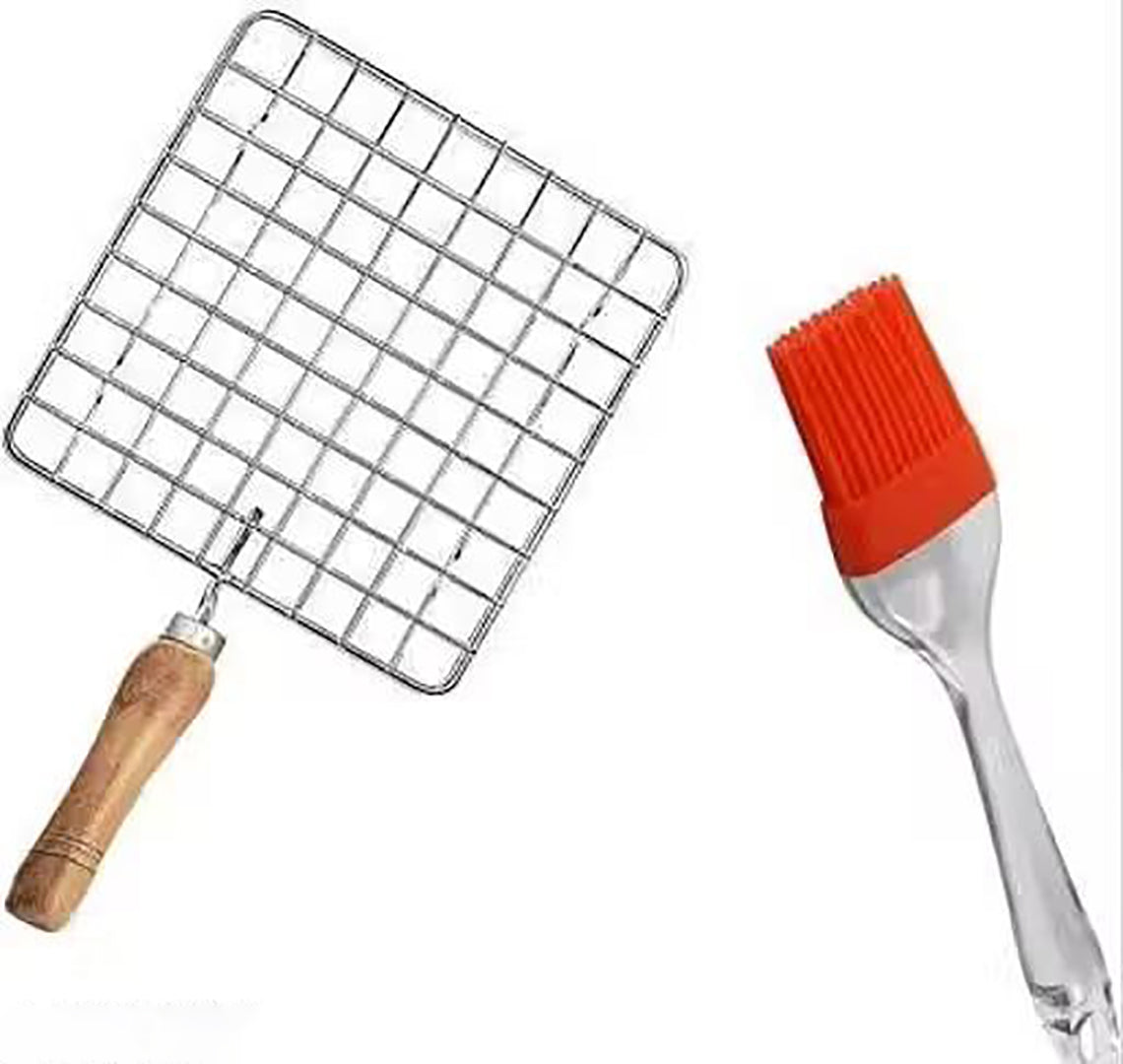 Papad Jali Roast + Oil Brush Barbeque Square Jali Roaster Chapati Toast Grill Wooden Handle Baigan Bharta Oil Brush Image 1