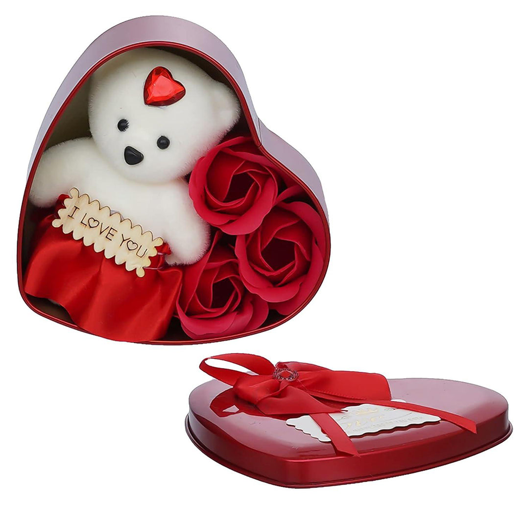 Heart Shaped Valentines Day Gift With I Love You Message White Teddy Bear And 3 Red Roses Gift For Husband Wife Girlfriend Boyfriend Suitable For Teddy Day Anniversary Image 2
