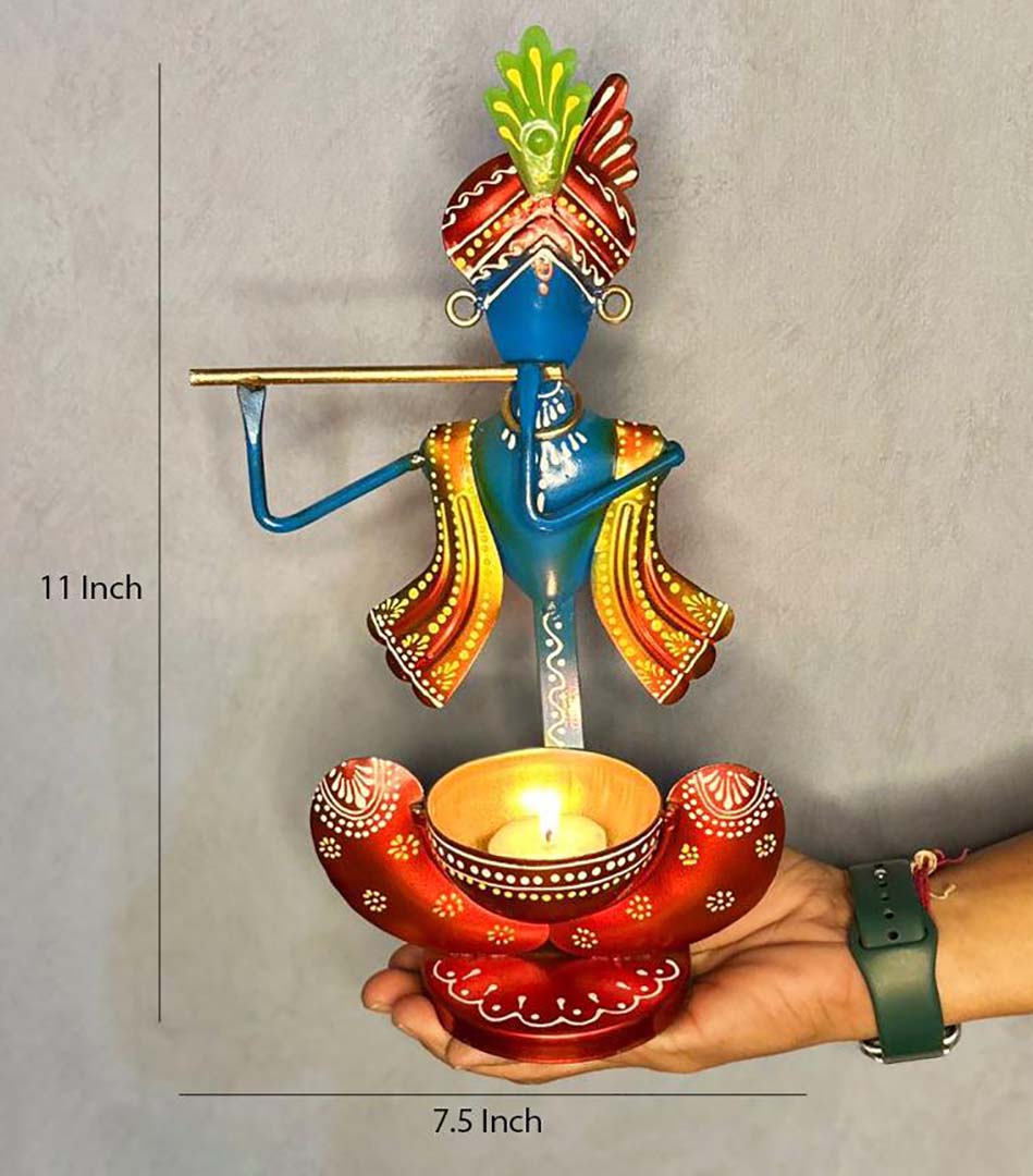 Decorative Ganesh Krishna Diya Stand Artistic Pair For Gift Pooja Image 3