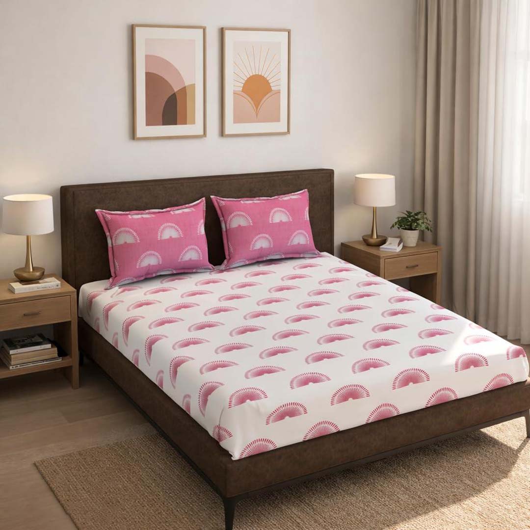 Cotton (78x72 Inch) Double Size Bedsheet With 2 Pillow Cover in white & Pink Color Image 1