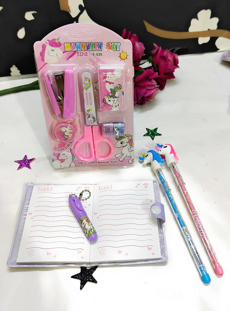 Useful Essential Unicorn Combo Pocket Diary With Pen Pencils Scissor Stapler Staple Pins Tape Dispenser Tapesschool Office Supply For Kids & Adults Image 2