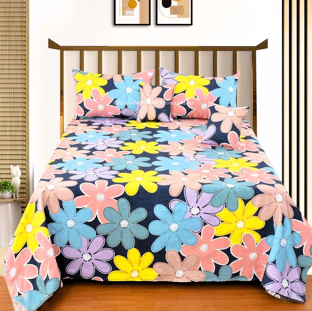 Quilted Fabric (90x100 Inch) Double Size Bedsheet With 2 Pillow Cover in Multicolor Image 2