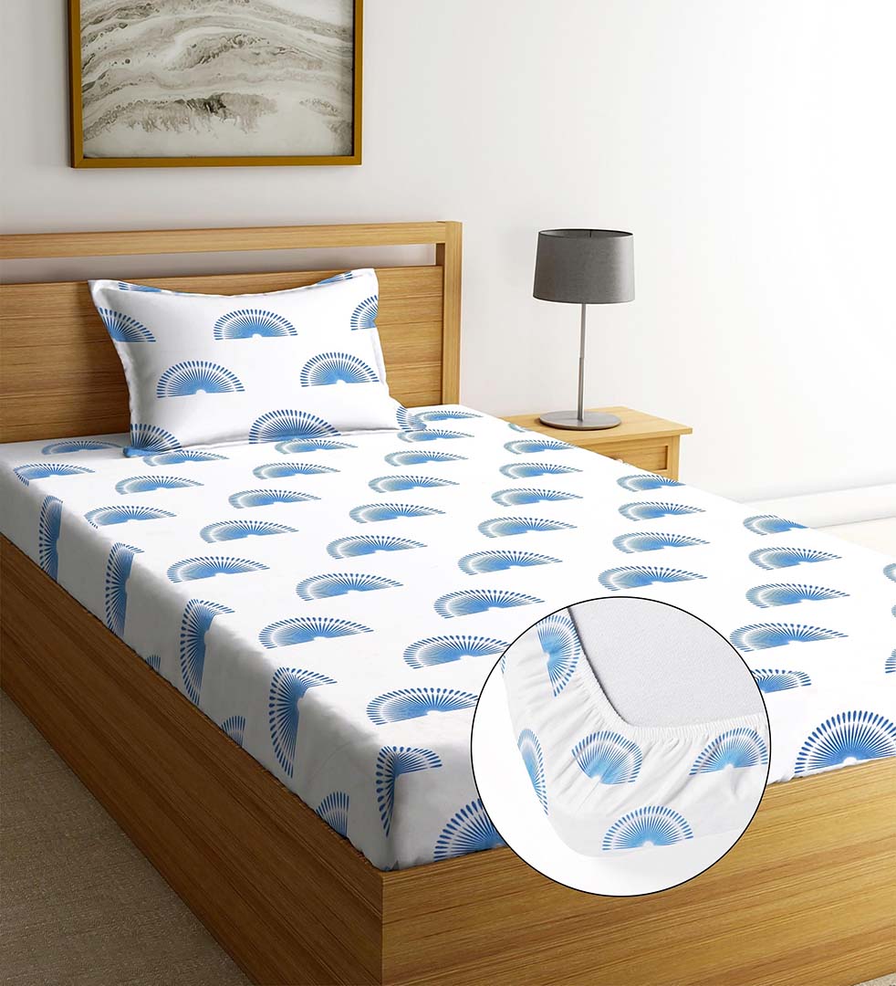 Glace Cotton (60x90 Inch) Single Size Bedsheet With 1 Pillow Cover in White & Blue Color Image 1