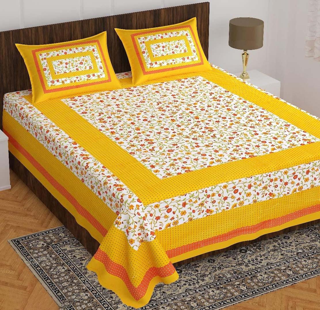 Cotton (90x100 Inch) Double Size Bedsheet With 2 Pillow Cover in Yellow Color Image 4