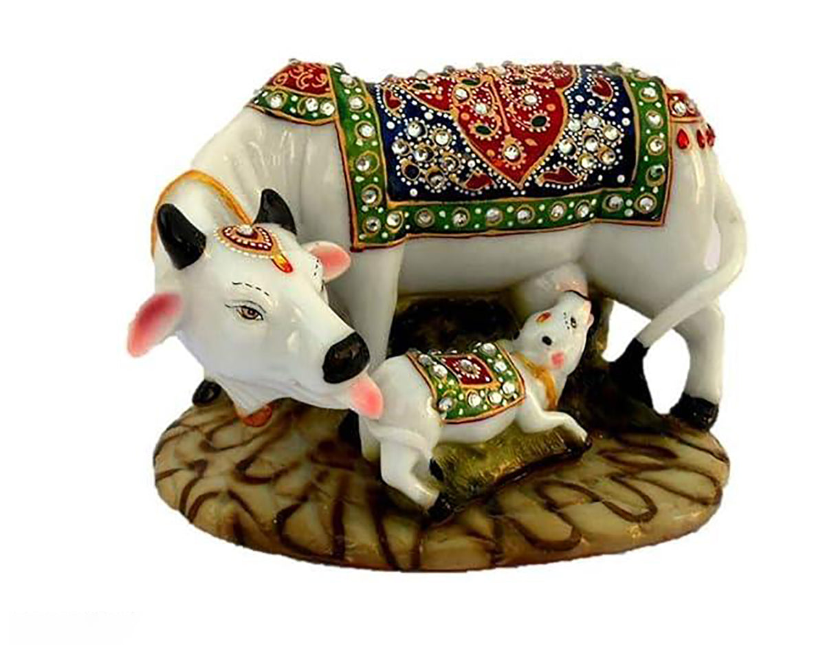Kamdhenu Cow And Calf Showpiece Good Luck Gift Handicraft Marble Dustpolyresin Decorative Statue 5X3X3 Inch Export Quality Image 2
