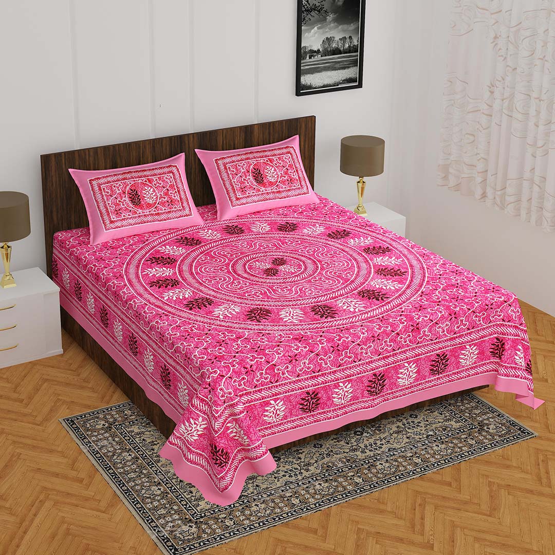 Cotton (90x100 Inch) Double Size Bedsheet With 2 Pillow Cover in Pink Color Image 2