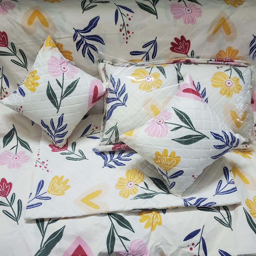 Quilted Fabric (90x100 Inch) Double Size Bedsheet With 2 Pillow Cover in Multicolor Image 1