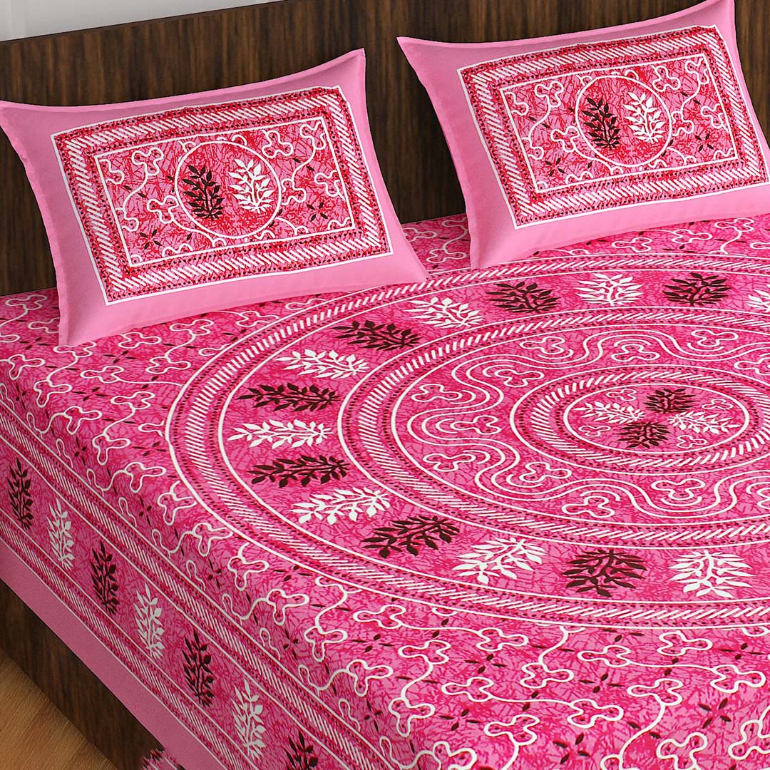 Cotton (90x100 Inch) Double Size Bedsheet With 2 Pillow Cover in Pink Color Image 1