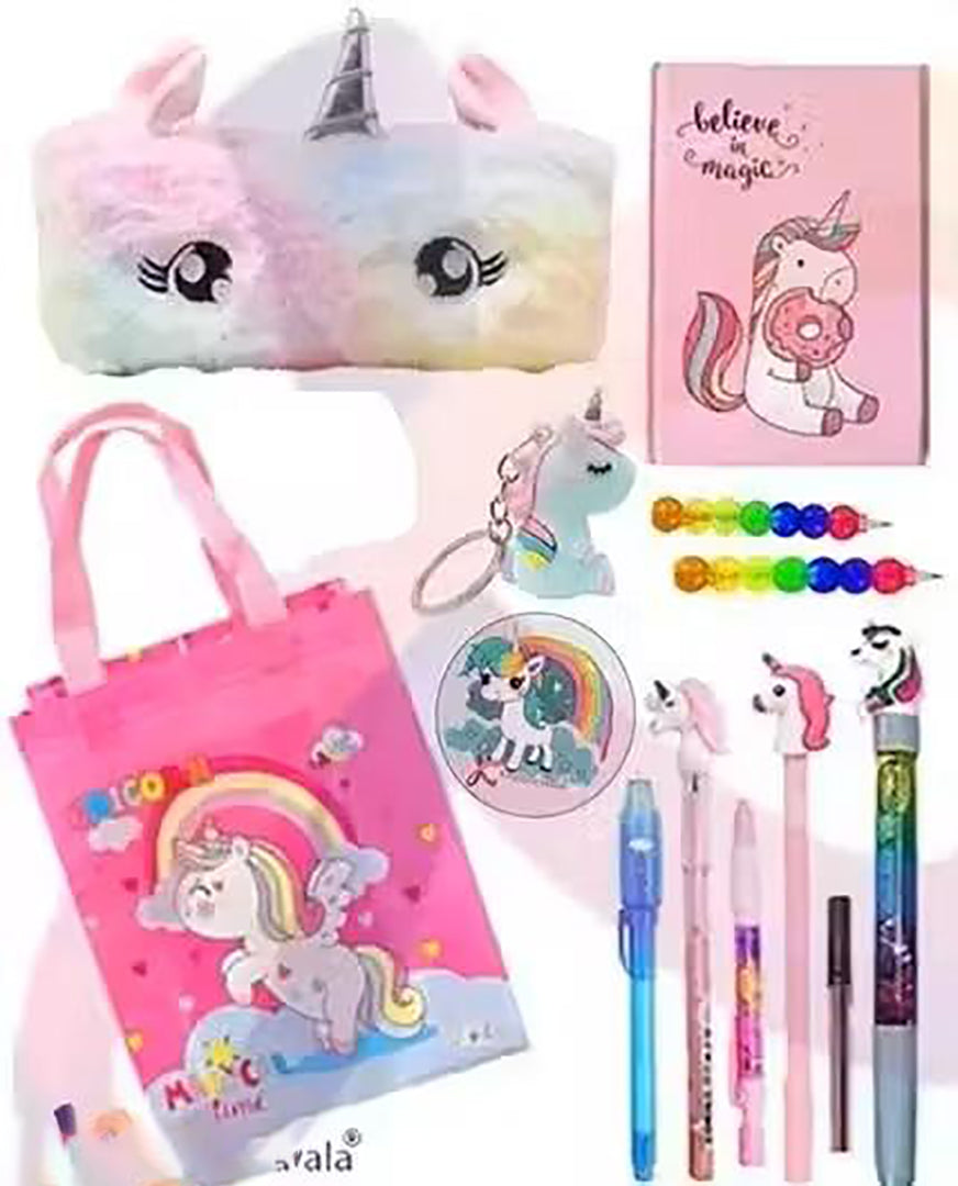 Unicorn Themed Stationery Set Complete School Supplies Collection With Pouch Bag Diary Pens Pencil Keychain Ruler Highlighter And Glittery Accessories For Fun And Creative Learning Perfect For Kids Image 1