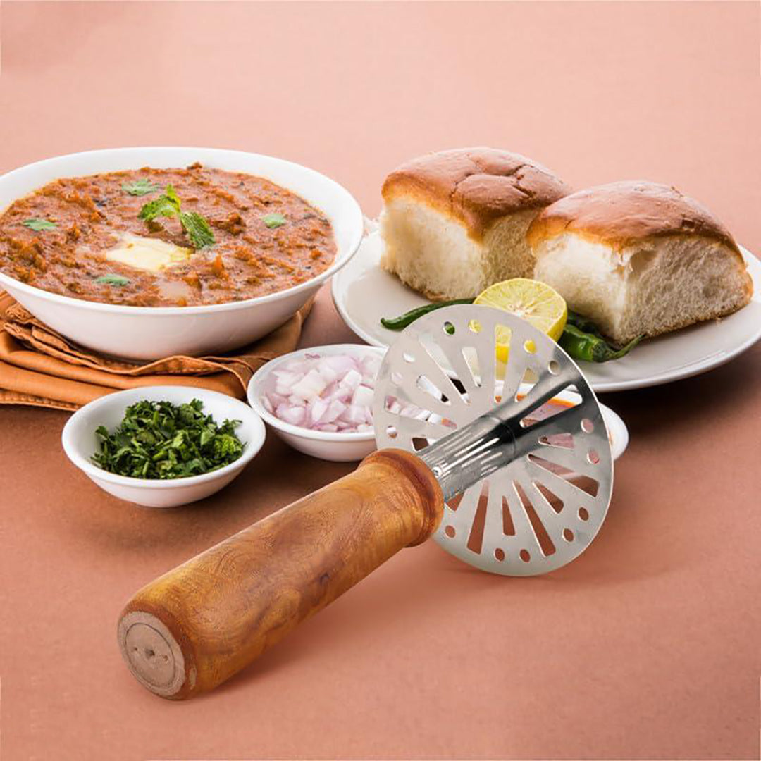 Stainless Steel Pav Bhaji Masher With Rust Resistant Wooden Handle Kitchen Tool Set For Sturdy Easy Grip Durable And Multipurpose Cooking Image 4