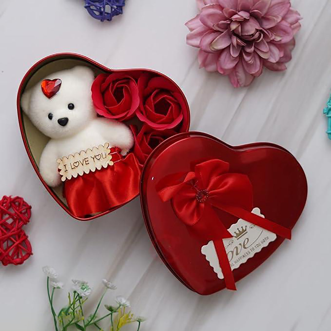 Heart Shaped Valentines Day Gift Box With I Love You Message White Teddy Bear And 3 Red Roses Gift For Husband Wife Girlfriend Boyfriend Suitable For Teddy Day Anniversary Image 1
