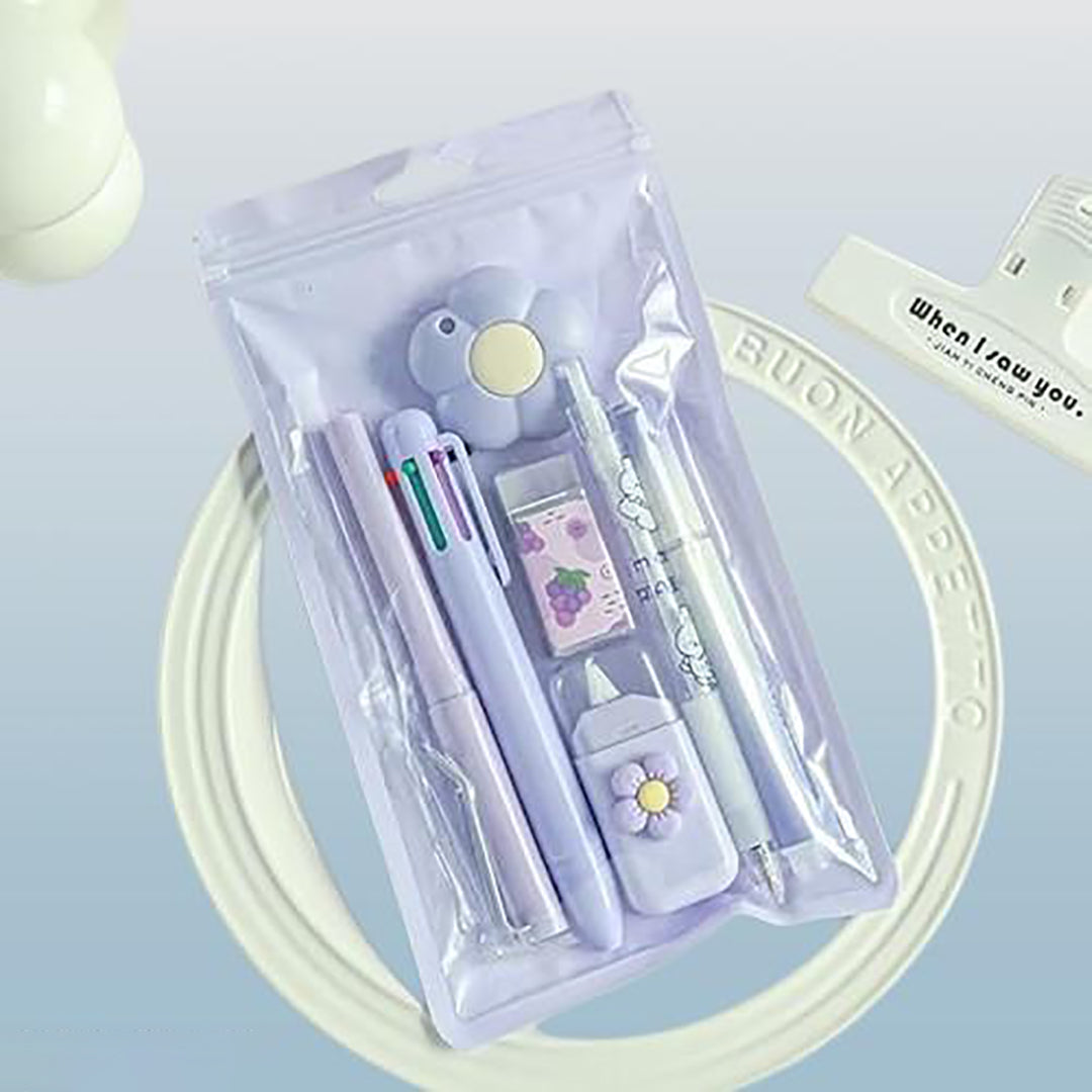 7 Pcs Cute Purple Stationery Set Kawaii School And Office Supplies With Pen Sharpener Highlighter Ruler And Utility Knife Image 1
