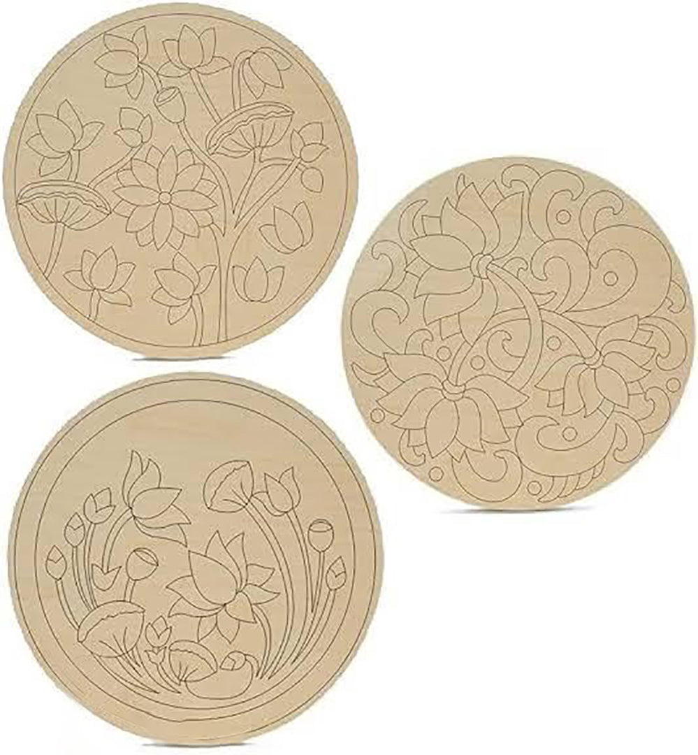 3 Flower Design On Round Mdf Plain Wood Boards For Art And Craft 8 Inch 25Mm Unfinished Slices Round Mdf Cutouts For Art And Craft For Resin Art Image 1