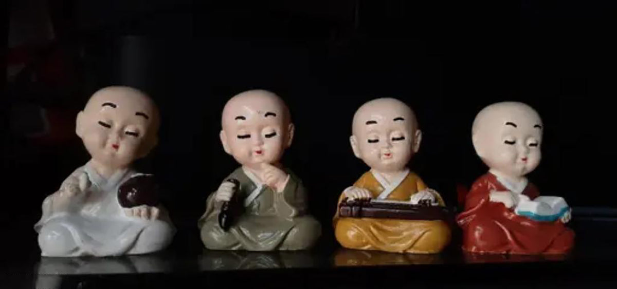 Little Baby Monk Idol Set Of 4 Cute Meditating Monk Statues For Home Decor Peaceful Laughing Buddha Showpiece For Car Dashboard Office Gift Image 2