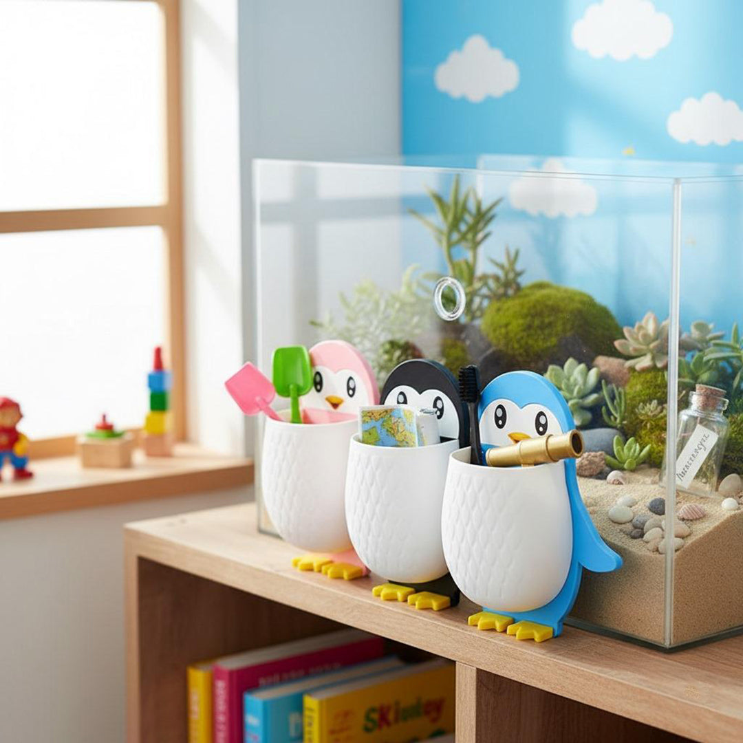 Pack Of 3 Kids New Penguin Design Toothbrush Holder Unique Wall Mounted Self Adhesive Storage Wall Mount Toothbrush Holder Wall Mount Remote And Mobile Stand Pink Or Blue Or Black Image 3