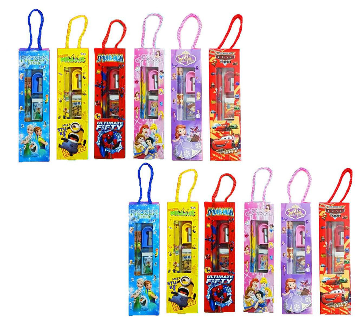 10 Pcs Stationery Small Gift Sets For Kids Mix Design Stationery Set Box Include 2 Pencils 1 Eraser 1 Sharpener And 1 Ruler Pack Return Gift Sets For Kids Multicolor 10 Pcs Set Image 2