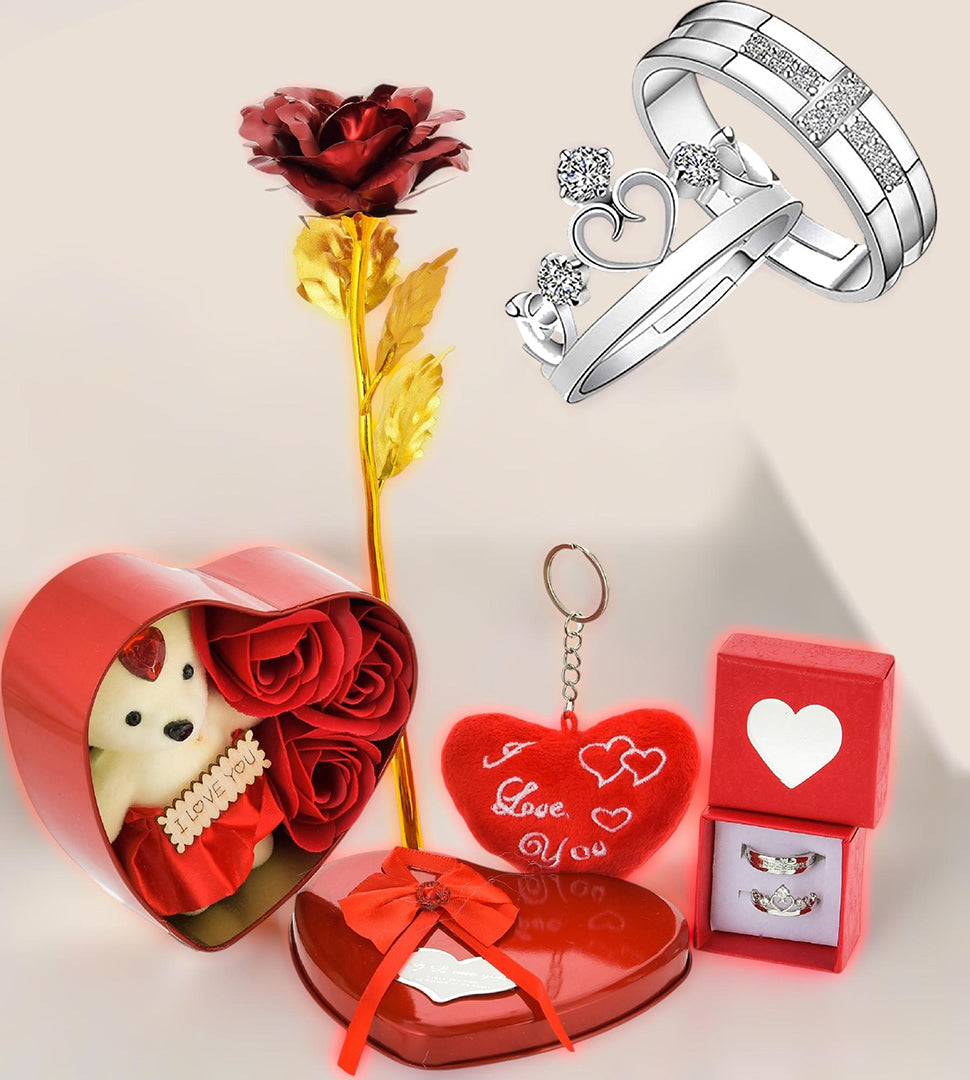 Valentines Day Combo Gift Of Gold Plated Rose Teddy Heart Box And Couple Ring Gift For Your Girlfriend Boy Friend Wife And Husband Image 1
