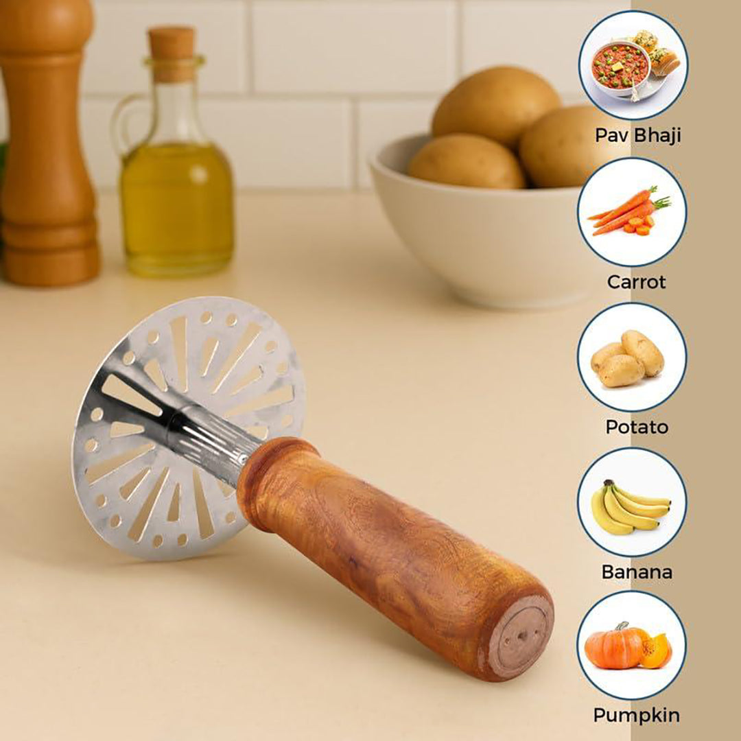 Stainless Steel Pav Bhaji Masher With Rust Resistant Wooden Handle Kitchen Tool Set For Sturdy Easy Grip Durable And Multipurpose Cooking Image 3