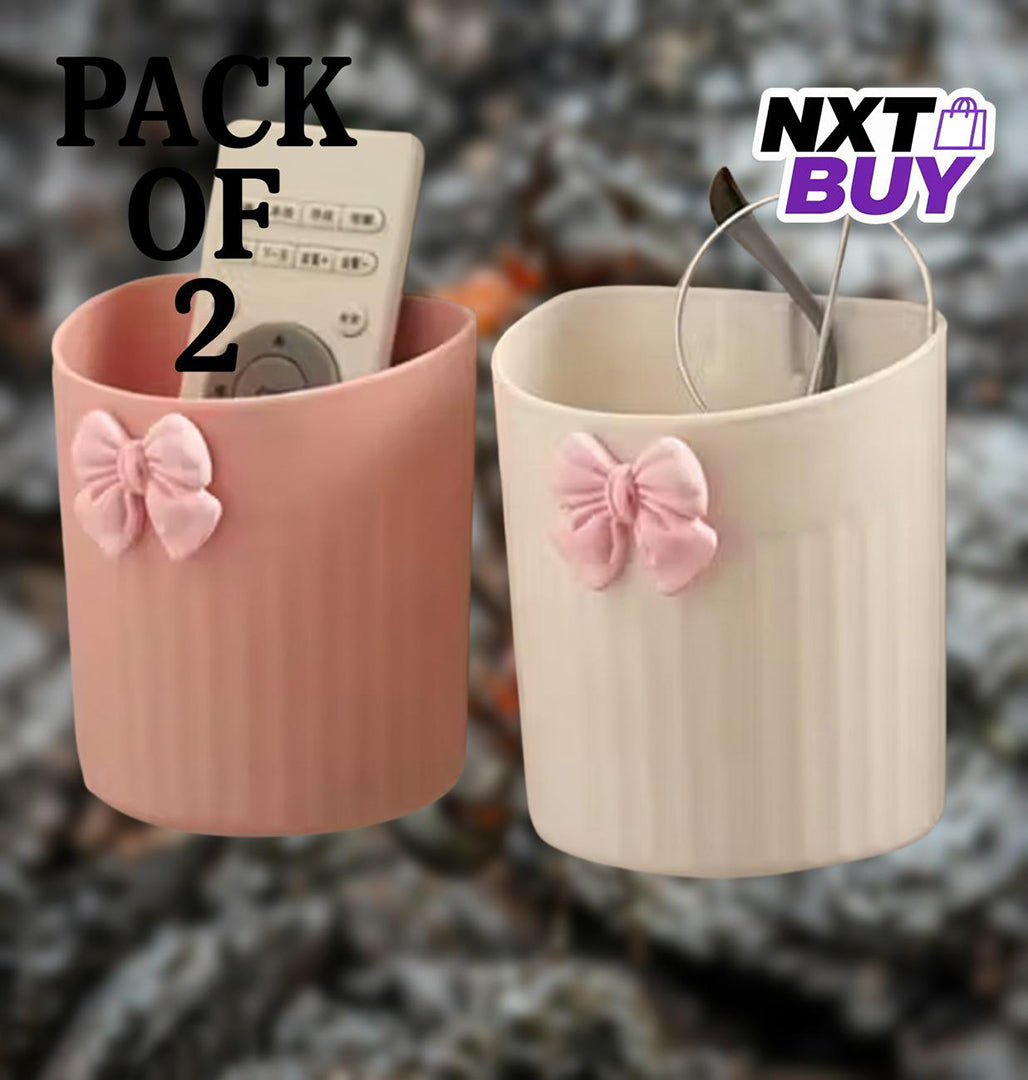 Cute Bow Design Multipurpose Wall Holders Pack Of 2 For Bathroom Kitchen Desk Self Adhesive Storage Cups For Makeup Stationery Remotes Pinkbeige Image 1