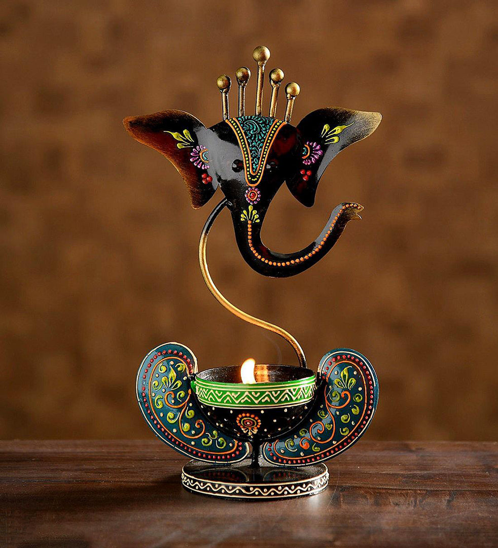 Handpainted Ganesha T Light Candle Stand Iron 1 Cup Tealight Holder Multicolor Pack Of 1 Ganesh Tealight Candle Holde Image 2