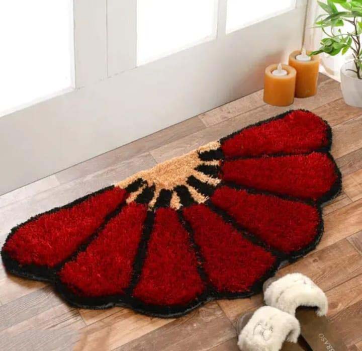 Poly Cotton Anti-Slip Doormat for Home & Bathroom Entrance Red Semi Circle Mat (16x32 Inch) Image 1
