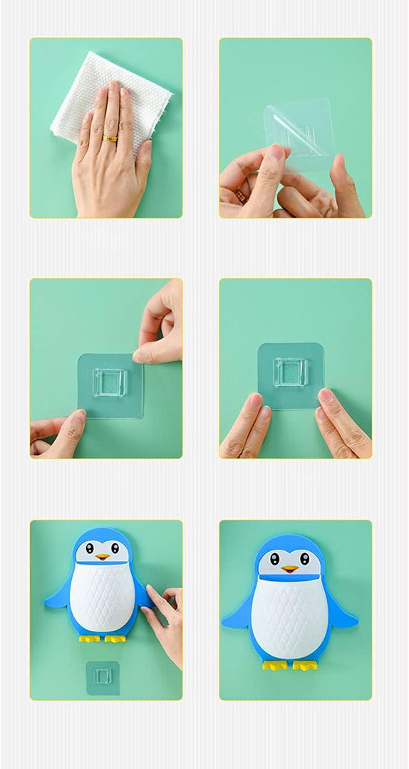 Penguins Shape Toothbrush Holder Plastic Stand For Toothpaste Comb Brush Cream Lotion Kids Bathroom Cup Drain Waterproof Self Adhesive Image 4