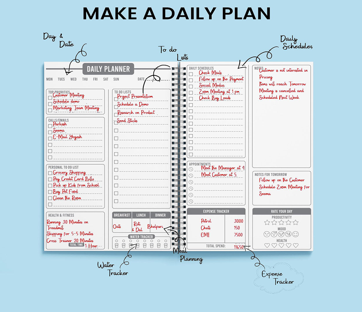 Daily Planner Undated Schedule Your Day Manage To Do List Goals Tracker Wellness Tracker Image 2