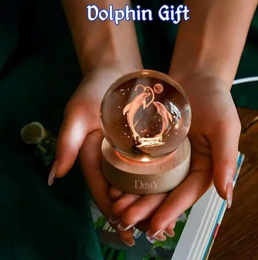 3D Crystal Ball With Led Wooden Base Crystal Dolphin Figurine Paperweight Ornaments 3D Laser Engraved Decorative Glass Ball Birthday Gifts For Girls Or Boys Dolphin Image 3