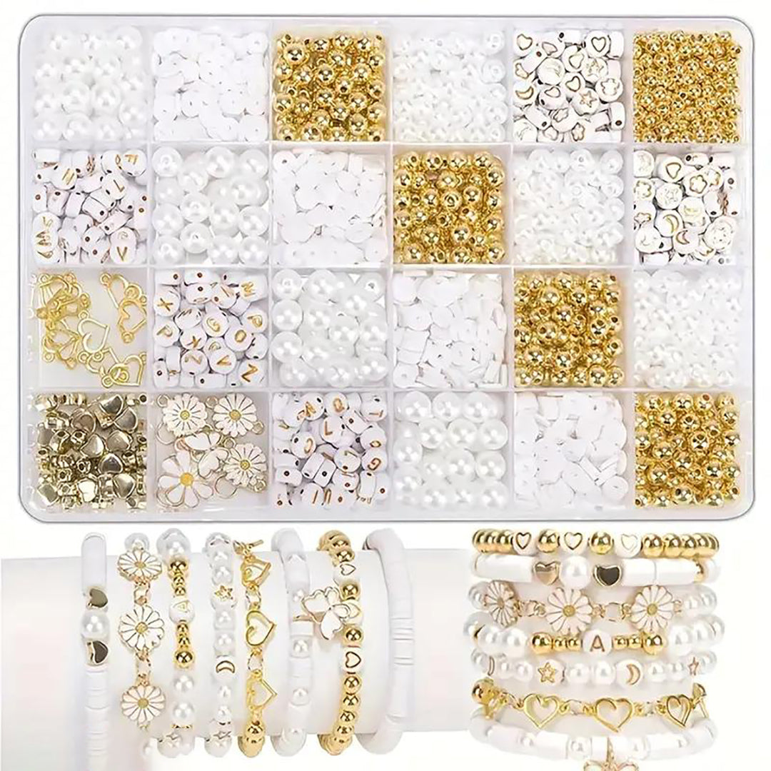 Jewelry Making Kit Simplistic Style Daisy Charms White Polymer Clay Beads Golden Spacer Beads White Glossy Plastic Pearls Alphabet Beads For Making Bracelet Jewelry Accessories Image 1