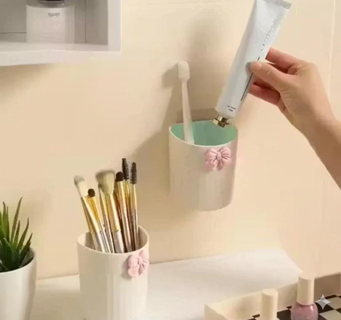 Cute Bow Design Multipurpose Wall Holders Pack Of 2 For Bathroom Kitchen Desk Self Adhesive Storage Cups For Makeup Stationery Remotes Pinkbeige Image 2