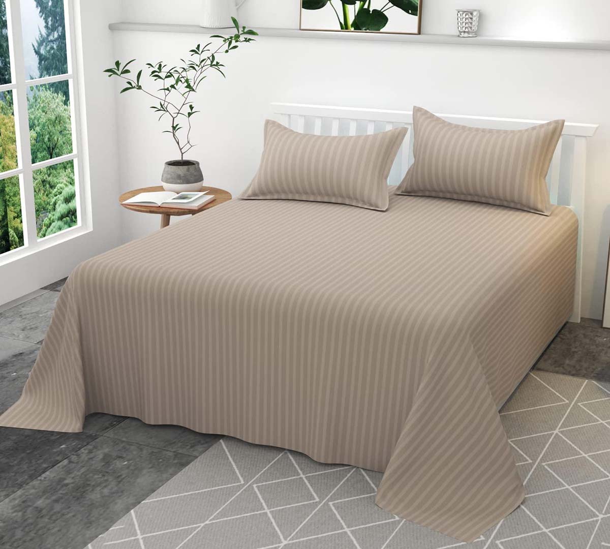 Grey Silver 300Tc Glace Cotton Plain Stripe Queen Size Double Bedsheet With 2 Pillow Cover For Home Hotel Guest Room 90 X 100 Inch Image 1