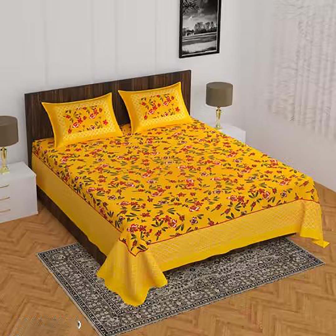 Cotton (90x100 Inch) Double Size Bedsheet With 2 Pillow Cover in Yellow Color Image 1