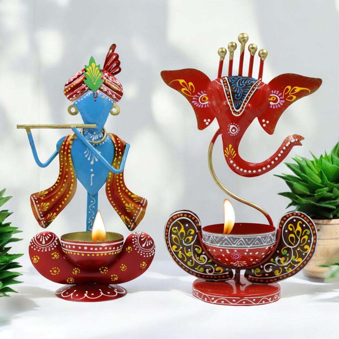 Decorative Ganesh Krishna Diya Stand Artistic Pair For Gift Pooja Image 4