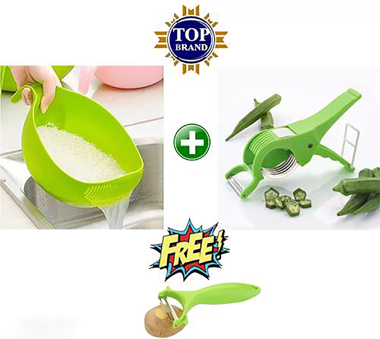 Rice, Fruits, Vegetable, Noodles & More Washing Bowl And Strainer For Storing And Straining Plastic Vegetable Cutter Stainless Steel Peeler With Combo Pack Of 3 Image 1