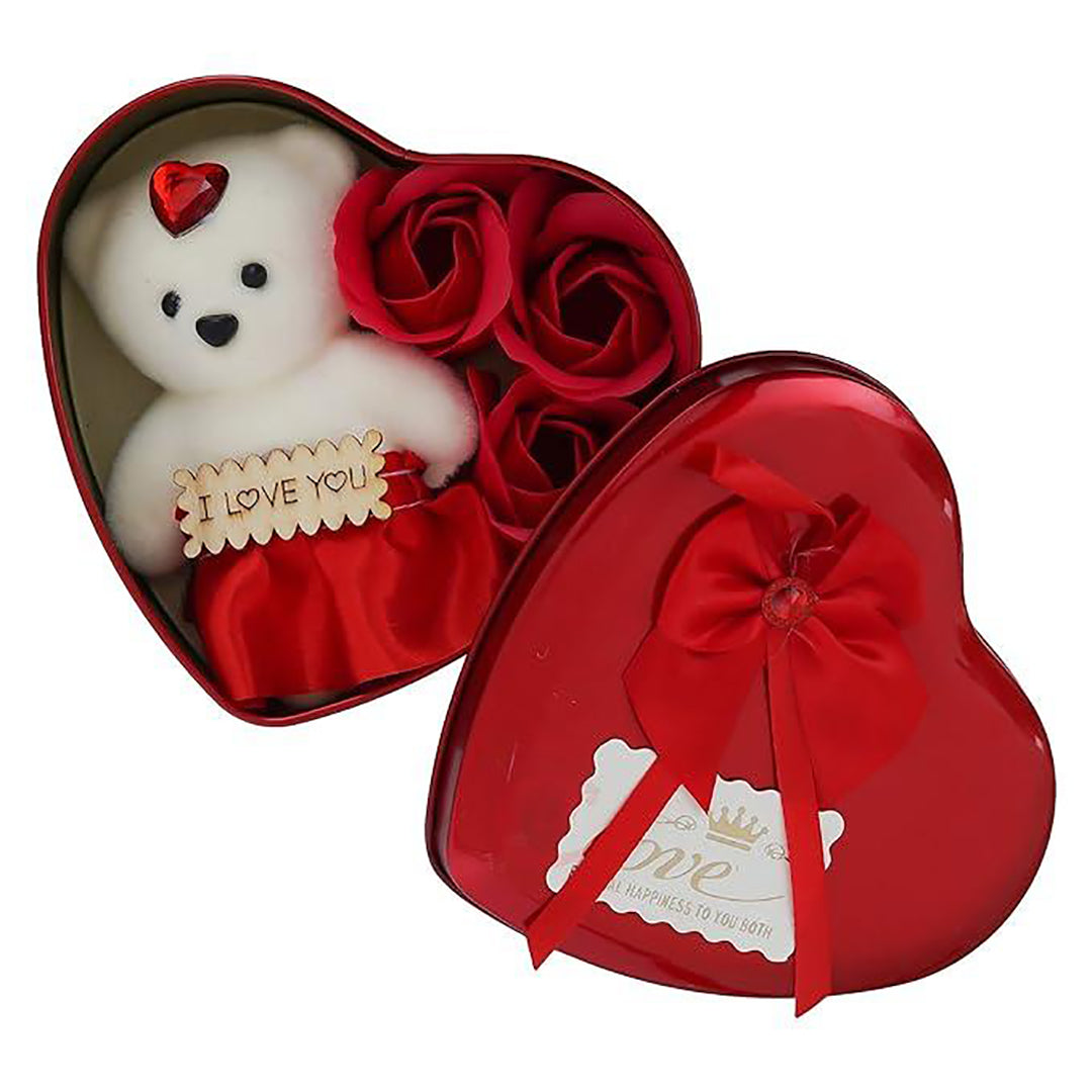 Heart Shaped Valentines Day Gift Box With I Love You Message White Teddy Bear And 3 Red Roses Gift For Husband Wife Girlfriend Boyfriend Suitable For Teddy Day Anniversary Image 2