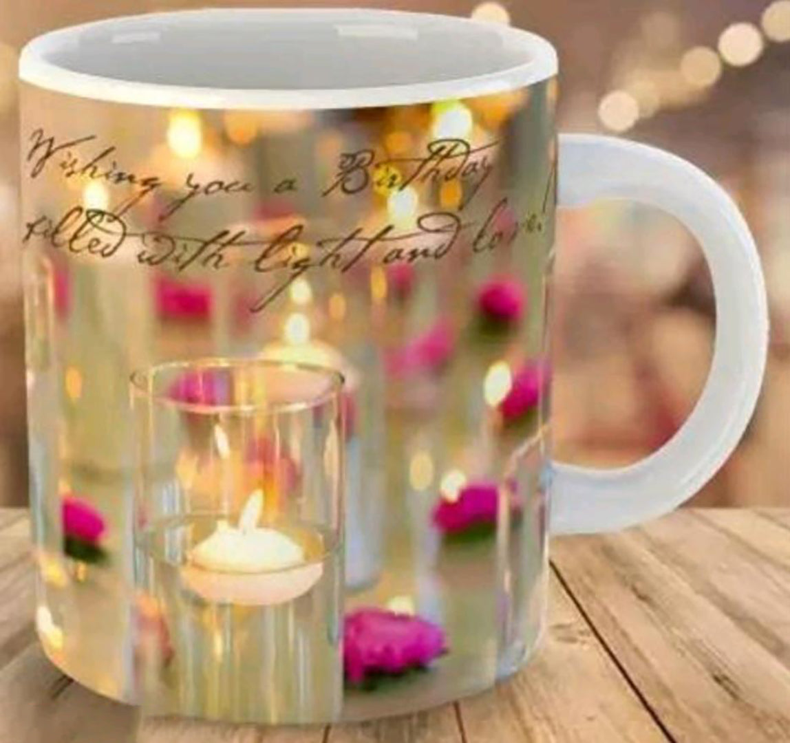 Happy Birthday Joy And Light Ceramic Mug Glossy Finish With Vibrant Print Printed Coffee Mug White With Keychain 350Ml Image 2