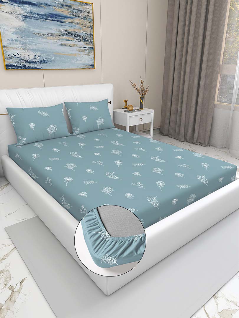 Glace Cotton (78x72 Inch) Double Size Bedsheet With 2 Pillow Cover in Blue Color Image 2