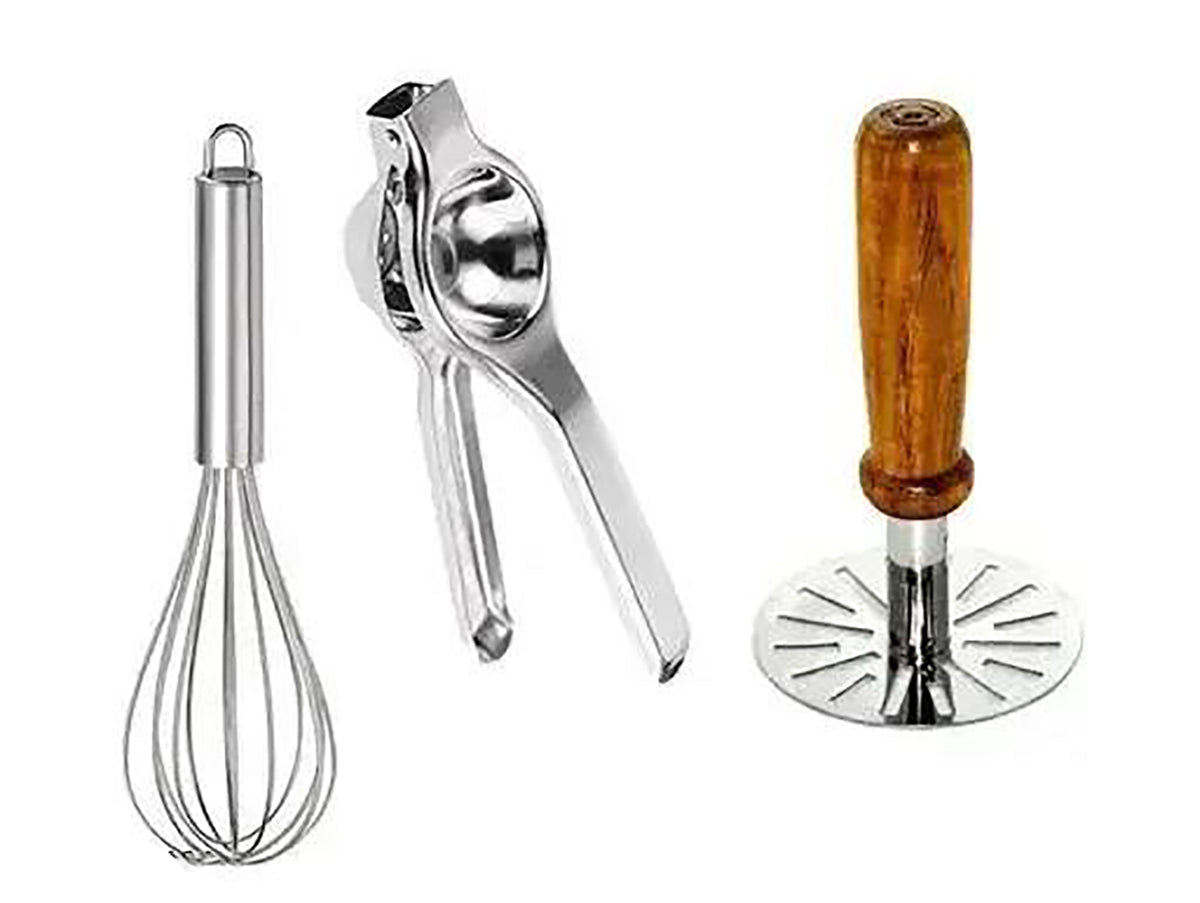 Kitchen Tool Combo Steel Lemon Squeezer Wooden Masher Whisk Traditional Cooking Set Image 1