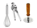 Kitchen Tool Combo Steel Lemon Squeezer Wooden Masher Whisk Traditional Cooking Set Image 1