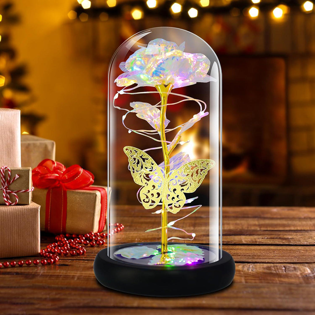 Plastic Preserved Flowers Rose Gift Artificial Flower Light Up Rose Rose In Glass Dome Personalized Gifts For Mom Sisters Friend Women Beans Rose Image 2