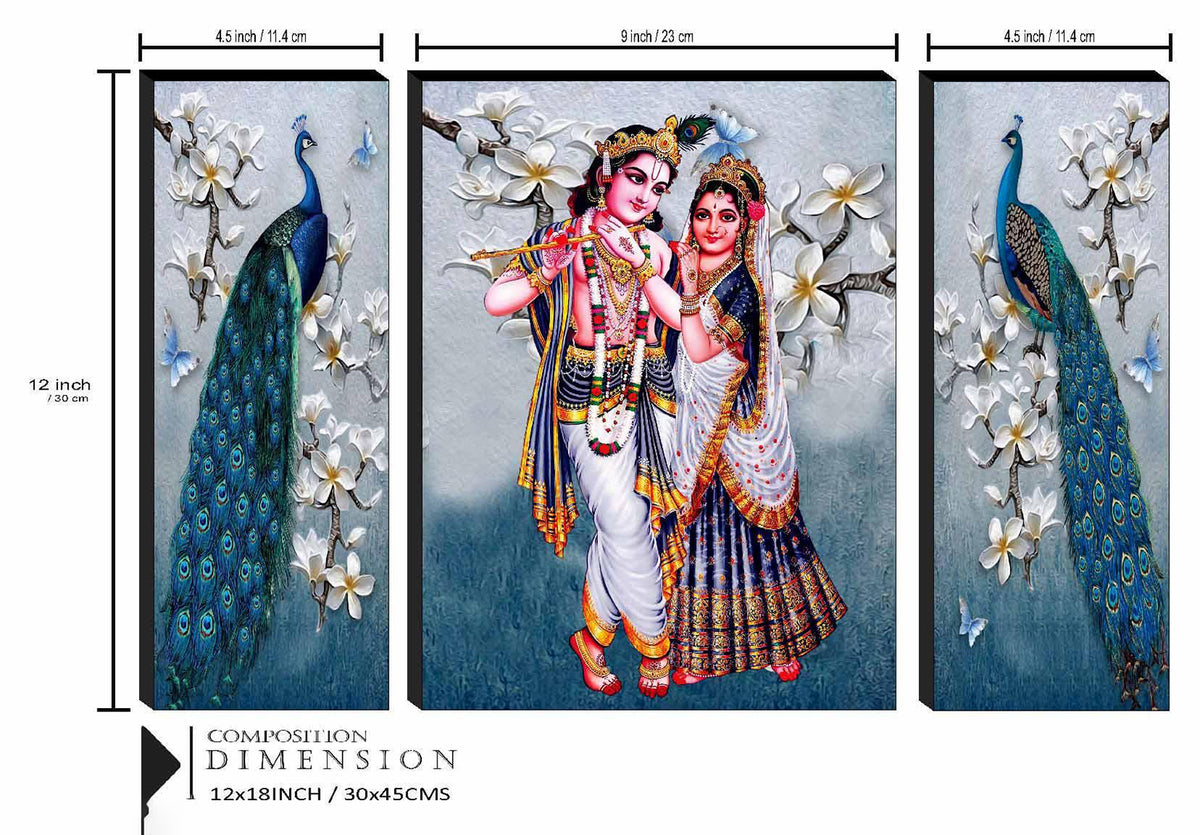 Saf Set Of 3 Radha Krishna With Couple Peacock Uv Textured Home Decorative Gift Item Self Adeshive Painting 12 Inch X 18 Inch Image 3