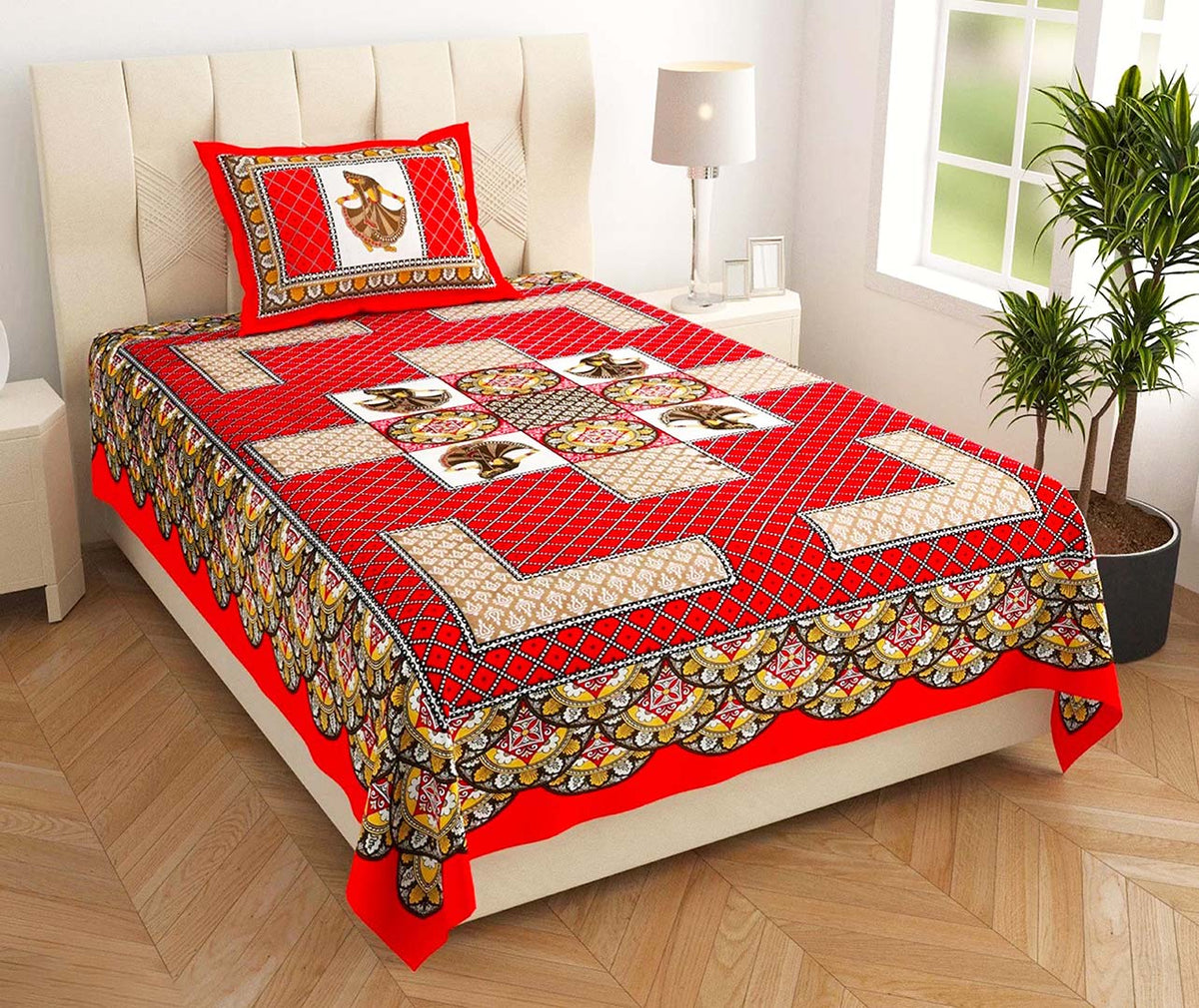 Cotton (60x90 Inch) Single Size Bedsheet With 1 Pillow Cover in Red Color Image 1