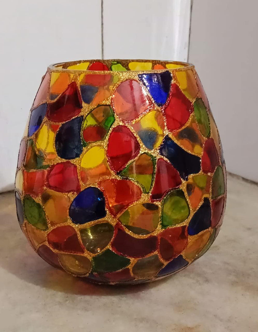 Flossy Naturals Glass T Light Rolly Polly With Multi Color Glass Vase 5 Inch Multicolor Glass Vase Handmade Romantic Glass Vase Home Image 3